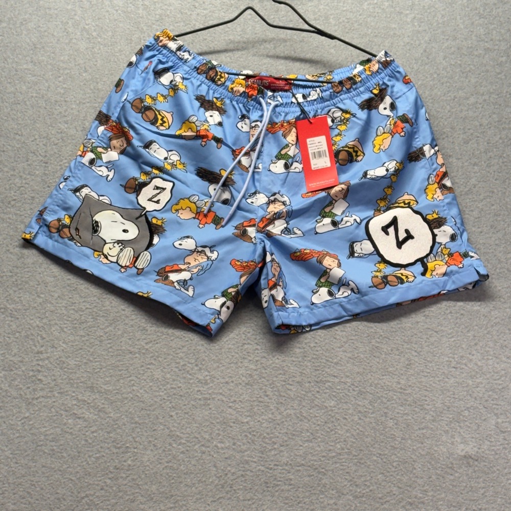 Peanuts Snoopy Charlie Brown Swim Trunks Mens Large Blue All Over Print NWT